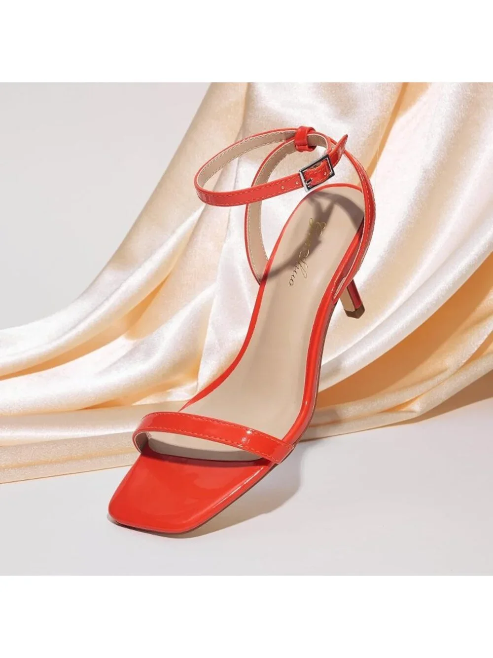 Women's Orange Kitten Low Heel Square Open Toe Ankle Strap Sandals Strappy Heels